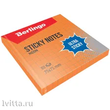 Самоклеящийся блок Berlingo Ultra Sticky 75*75мм, 80л, в клетку, оранж. неон