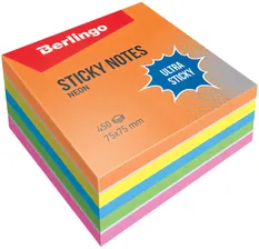 Самоклеящийся блок Berlingo "Ultra Sticky", 75*75мм, 450л, 5 неоновых цветов + 1 белый